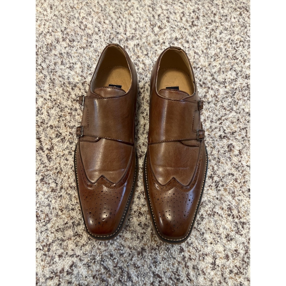 Gino Vitale New Men's Monk Strap Brogue Dress Leather Shoes Brown Sz 10.5